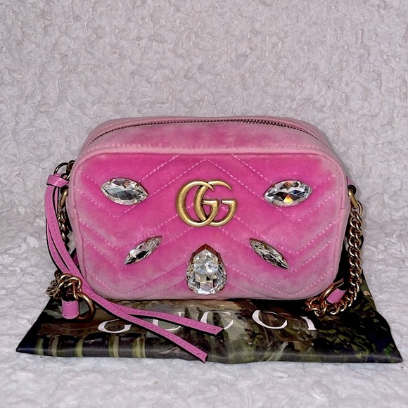 Gucci Marmot Matelasse Chevron Quilted Velvet Crystal Crossbody Bag Pink 448065 - Picture 1 of 17